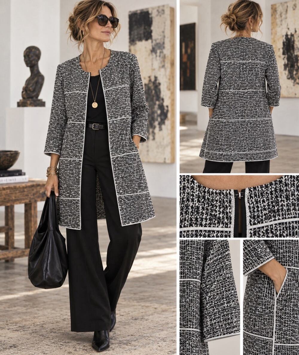 Cabi 5299 XL Black White Marled Knit Long Cardigan Jacket Pockets Cotton